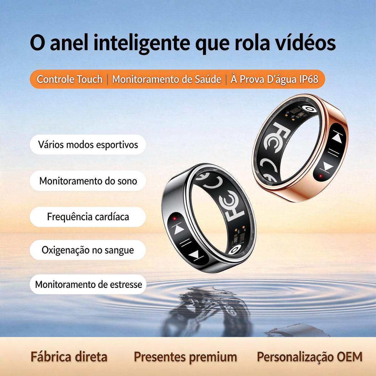 Anel Inteligente SY09 com Controle Touch | Gestos para Vídeos e Música, Monitor de Saúde 24h, IP68, Bluetooth 5.2
