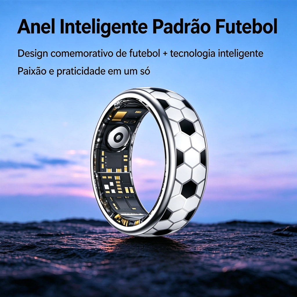 Anel Inteligente SY15 com Padrão de Futebol | Monitor de Saúde 24h, IP68, 100+ Modos Esportivos, Bateria de Longa Duração