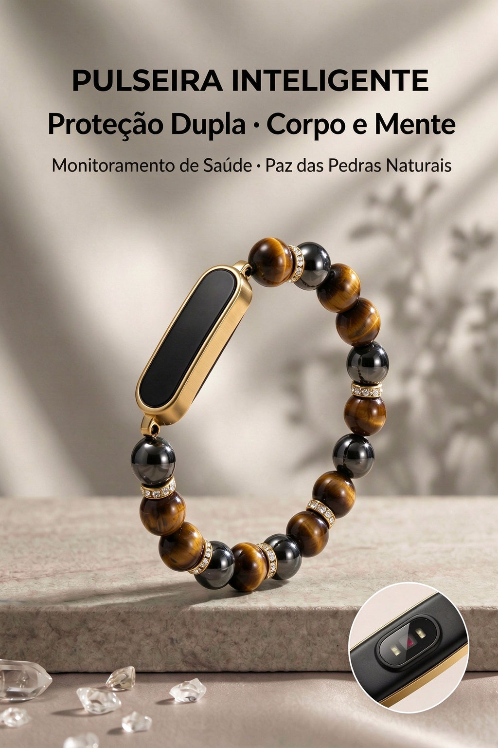 Pulseira Inteligente BQ2 com Pedras Naturais | Monitor de Saúde 24h, à Prova D'água IP68, 100+ Modos Esportivos, Bluetooh, Carga Magnética