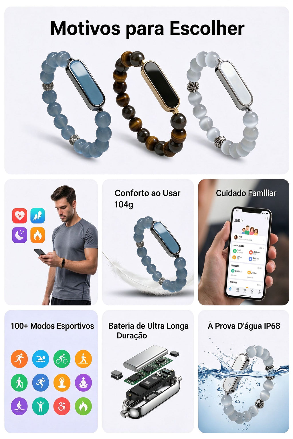 Pulseira Inteligente BQ2 com Pedras Naturais | Monitor de Saúde 24h, à Prova D'água IP68, 100+ Modos Esportivos, Bluetooh, Carga Magnética