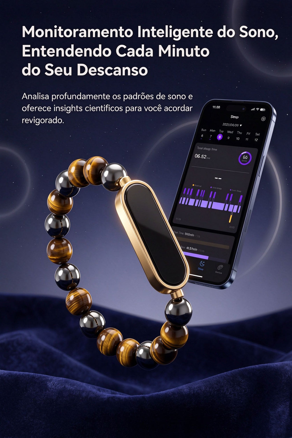 Pulseira Inteligente BQ2 com Pedras Naturais | Monitor de Saúde 24h, à Prova D'água IP68, 100+ Modos Esportivos, Bluetooh, Carga Magnética