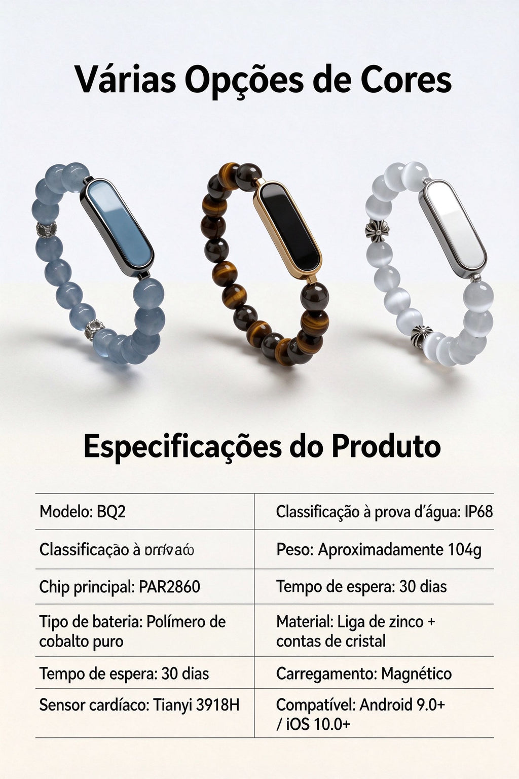 Pulseira Inteligente BQ2 com Pedras Naturais | Monitor de Saúde 24h, à Prova D'água IP68, 100+ Modos Esportivos, Bluetooh, Carga Magnética