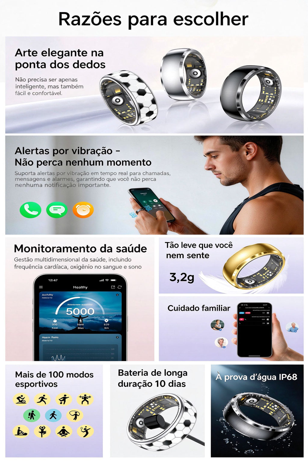 Anel Inteligente SY15 com Padrão de Futebol | Monitor de Saúde 24h, IP68, 100+ Modos Esportivos, Bateria de Longa Duração