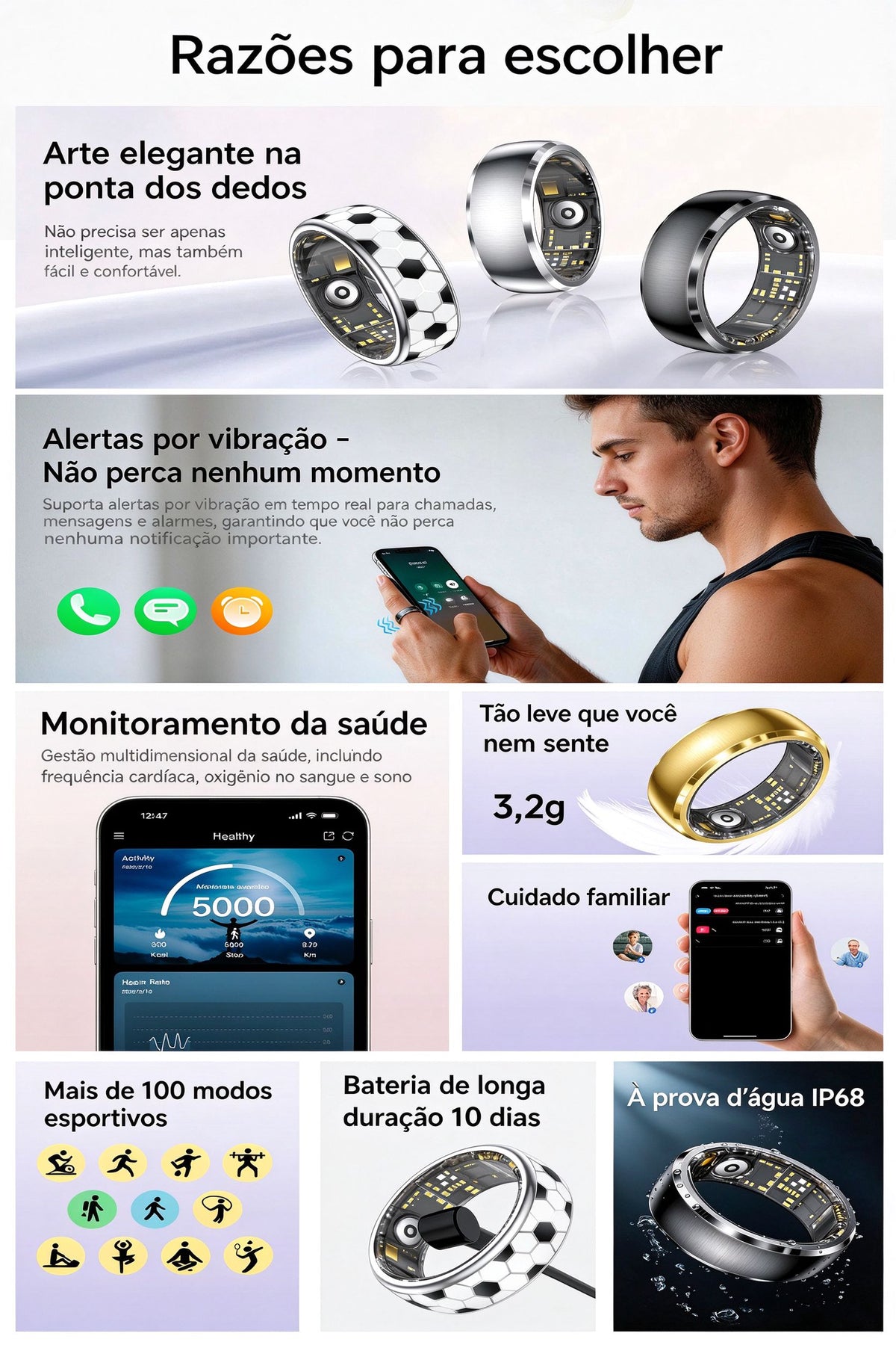 Anel Inteligente SY15 com Padrão de Futebol | Monitor de Saúde 24h, IP68, 100+ Modos Esportivos, Bateria de Longa Duração